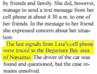 The last signals from Lisa's cell phone were traced to the Departure Bay area of Nanaimo
