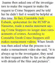 …spokesman for Nanaimo RCMP made a media statement saying Crime Stoppers no longer does re-enactments of crimes. According to Cst. Smith, Crime Stoppers still makes re-enactment videos.