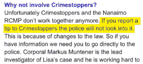 (False claim by RCMP) Facebook post on behalf of Muntener: Crime Stoppers and Nanaimo RCMP don't work together anymore … If you report a tip to Crime Stoppers, the police won't look into it… This was posted by Cyndy Hall on behalf of Nanaimo RCMP Cpl Markus Muntener. Facebook: Thurs, Feb 3, 2022 (Cyndy Hall Photos)