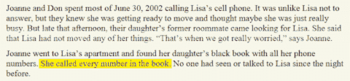 She called every number in [Lisa's phone book]